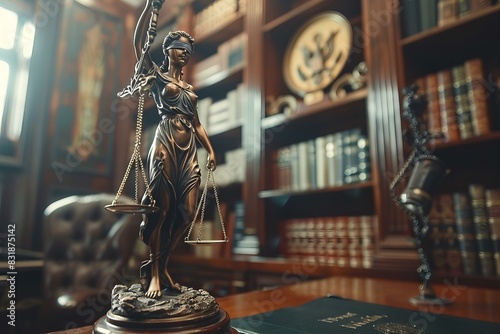 Lady justice with scales among books in library photo