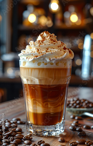 Iced caramel latte coffee in tall glass with cream poured over and coffee beans on wooden table