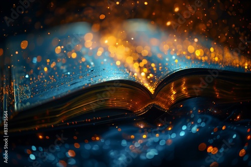 Open book with blurred gold and blue background