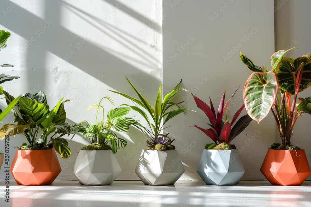 Fototapeta premium A collection of geometrically shaped planters inspired by iconic architectural designs, each with a matte finish and a pop of color inside to contrast with the greenery