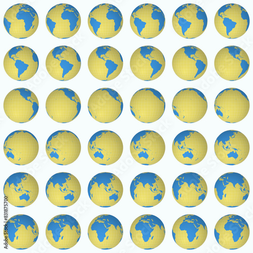 Collection of earth globes. Normal sphere view. Rotation step 10 degrees. Solid color style. World map with sparse graticule lines on lightness background. Posh vector illustration.