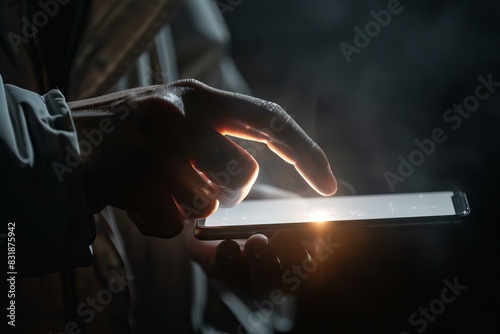 Person holding a cell phone with light shining on screen