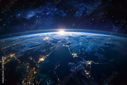 Earth night view with rising sun, space planet globe dark city lights