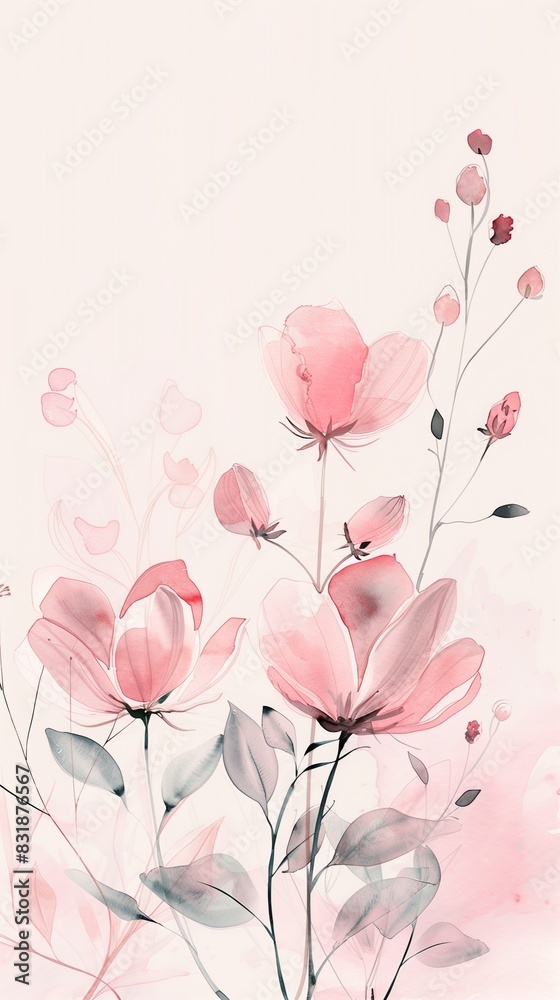 Fototapeta premium Elegant minimalist botanical watercolor illustrations in soft pinks for a delicate and calming wallpaper background.