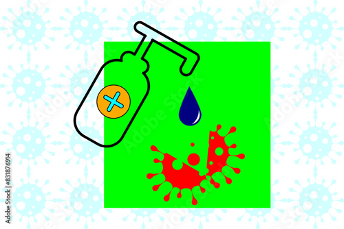 illustration of the corona virus being damaged when doused with antiseptic