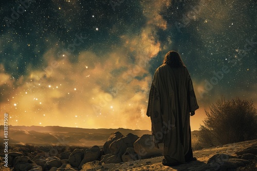 Biblical illustration series, Abraham, And he brought him outside and said, Look toward heaven, and number the stars, if you are able to number them. Then he said to him, So shall your offspring be photo