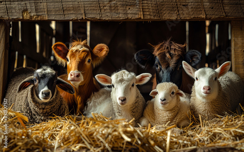 Group of young sheep and goats in barn photo