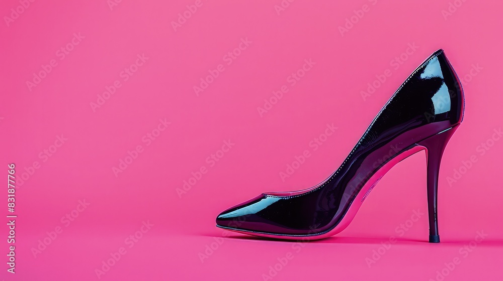 A neon pink background with a black patent leather high heel, creating a modern and chic look for a trendy baby girl birth announcement. Generous copy space available. A neon pink background with a black patent leather high heel, creating a modern and chic look for a trendy baby girl birth announcement. Generous copy space available.