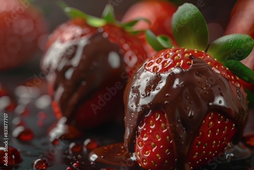 A close-up of mouthwatering luscious strawberries dipped in glossy dark chocolate, glistening and smooth, fine photorealistic rendering, with tiny droplets of fresh juice