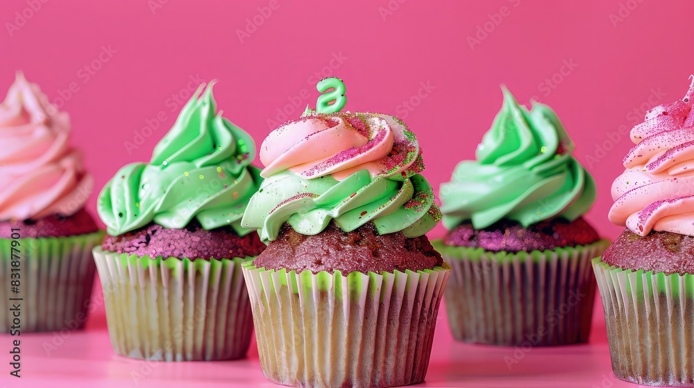 A neon pink background with a row of cupcakes topped with neon green and pink edible glitter, perfect for a trendy and youthful birthday celebration. A neon pink background with a row of cupcakes topped with neon green and pink edible glitter, perfect for a trendy and youthful birthday celebration.