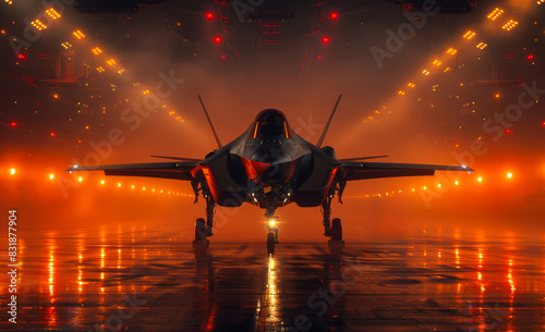 Fighter jet in undisclosed location with silhouettes of military aircraft. photo