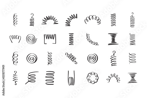 Drawing spiral set. Hand drawn Metal coil spiral icons. Doodle flexible coils, wire spring symbols 