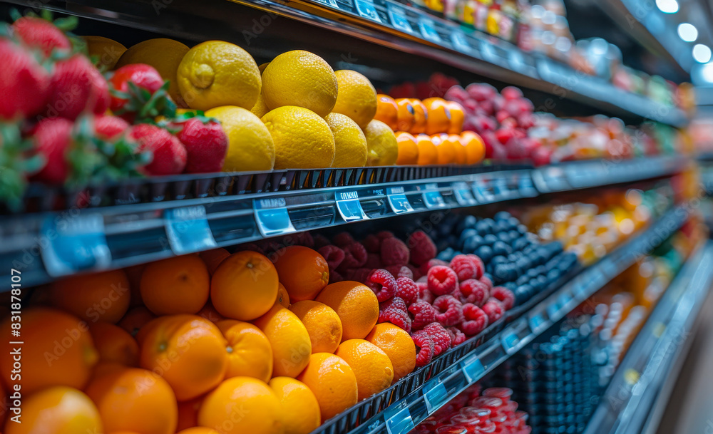 Fresh fruits in supermarket. Refrigerator with fresh fruits in supermarket