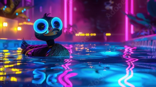 A night scene featuring a cartoon duck with luminous big eyes, swimming in a pool lit by underwater neon lights in vibrant pink and blue hues.