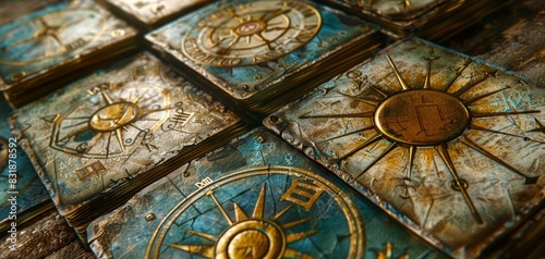 Design an ancient tarot deck with weathered  ornate cards showcasing mysterious symbols Capture a sense of antiquity and magic using traditional art mediums like oil or watercolor