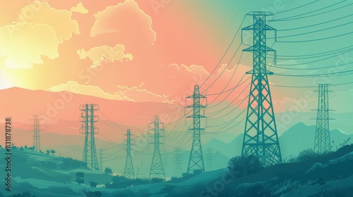 Illustration of an electrical pole moving across the landscape. which symbolizes the transmission of energy over long distances photo