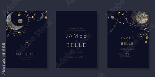 Navy Blue Luxury Wedding Invitation, start invite thank you, rsvp modern card Design in Night sky with  little star moon sun and space decorative Vector elegant rustic template