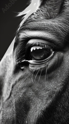 A black and white closeup of a horses eye