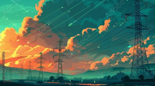 Illustration of an electrical pole moving across the landscape. which symbolizes the transmission of energy over long distances photo