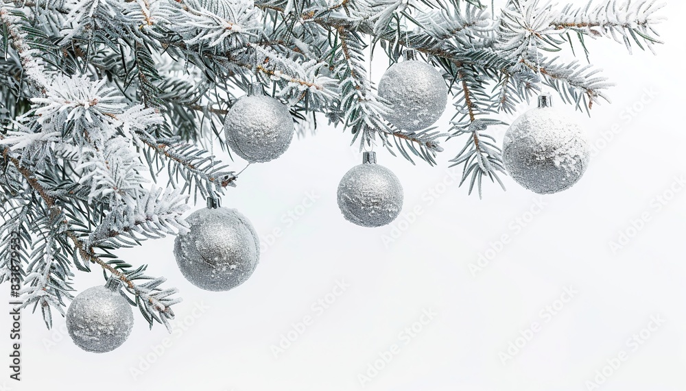 Silver Christmas balls on a Christmas tree in the snow on a white background Silver Christmas balls on a Christmas tree in the snow on a white background