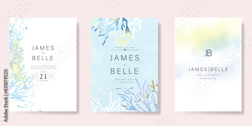 light blue Luxury Wedding Invitation, start invite thank you, rsvp modern card Design in sea coral and seaweed decorative Vector elegant rustic template