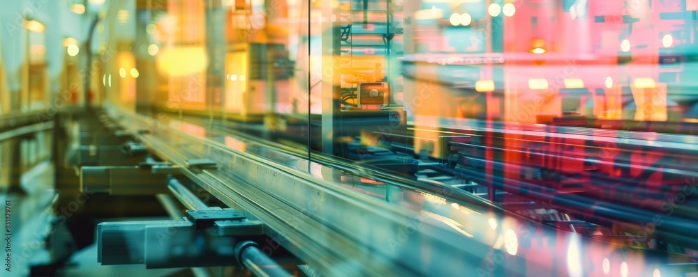 Automated conveyor belt system close up, focus on, copy space, vibrant colors, Double exposure silhouette with control panels Automated conveyor belt system close up, focus on, copy space, vibrant colors, Double exposure silhouette with control panels