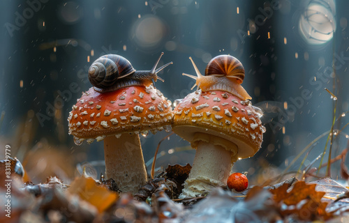 Two snails and fly agaric in the forest. Two snails on top of one mushroom photo