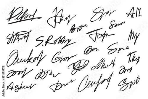Autographs handwritten pen signatures documents. Hand signature templates, abstract autograph photo