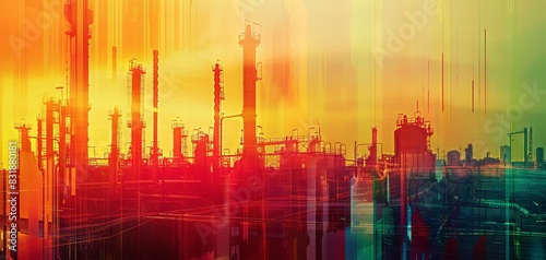 Oil refinery logistics close up  focus on  copy space  vibrant colors  Double exposure silhouette with storage tanks