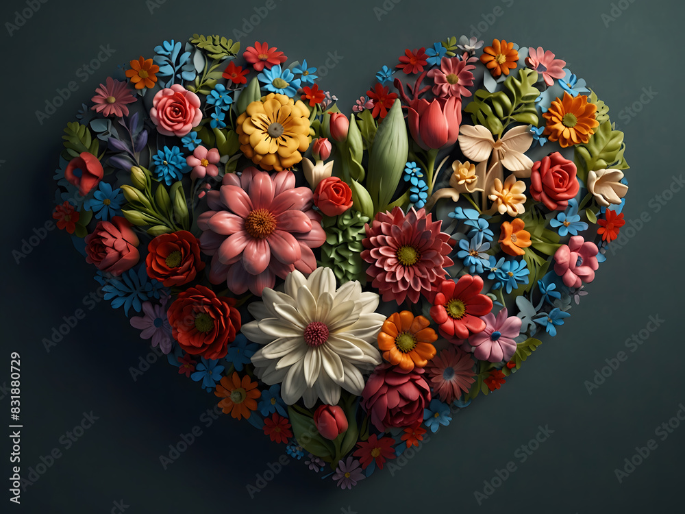 heart made of flowers, 3D flowers, Devine, surreal, ornate, studio, Adobe design, roots, design