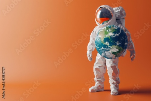 Concept stereoscopic image. Low poly earth and astronaut model isolated on orange background photo