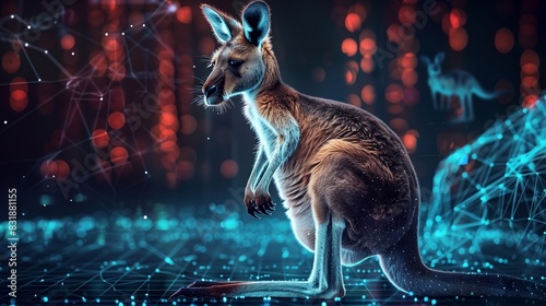 Futuristic Kangaroo on Dark Aluminate Background with Holographic Details photo