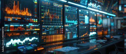 Smart trading floor with AI assistants providing real-time analytics, interactive surfaces displaying financial models and forecasts