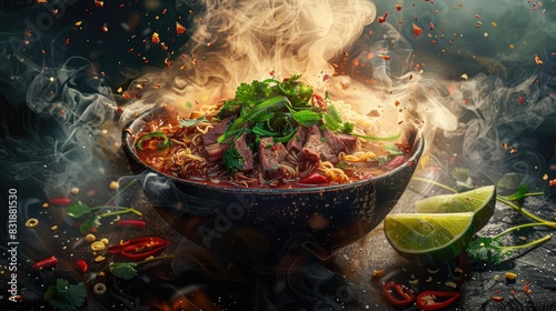 Vivid digital art piece of a Vietnamese pho noodle soup, focusing on the steam rising from the bowl, with detailed ingredients like herbs, lime, and beef slices