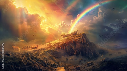 Visualize Noah's Ark resting on Mount Ararat after the floodwaters recede. Include a majestic rainbow in the sky as a symbol of God's promise. Show Noah and his family emerging from the ark
