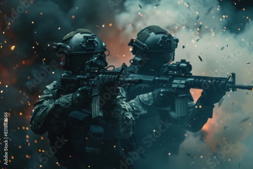 Concept of video game scene. Two soldiers with rifles wear black clothes and holds on to rifles. Sparks fly around in the air