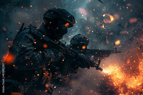 Concept of video game scene. Two soldiers with rifles wear black clothes and holds on to rifles. Sparks fly around in the air