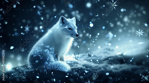 Futuristic Polar Fox on Dark Aluminate Background with Digital Snowflakes