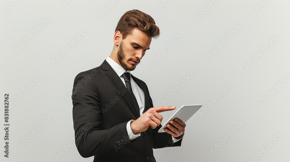 businessman in black suit using tablet computer on white background businessman in black suit using tablet computer on white background