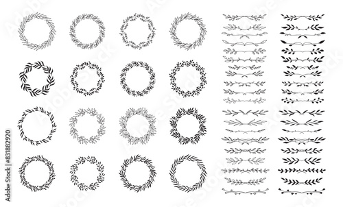 Hand drawn spring wreaths floral elements isolated white background set. Silhouette circle leaves, branches Doodle style.