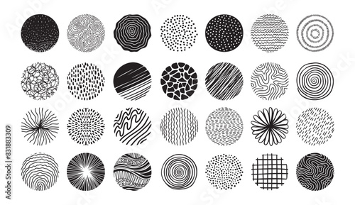 Hand drawn circles doodle texture. Round trendy abstract set black shapes with lines, circles, drops. Hand drawn organic doodle shapes.
