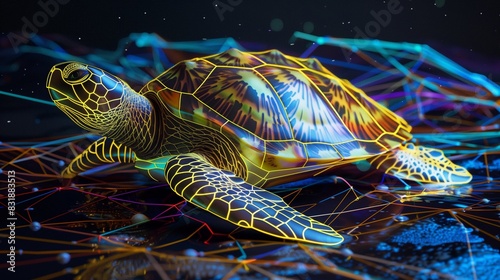 Futuristic Sea Turtle on Dark Aluminate Background with Neon Shell Patterns photo