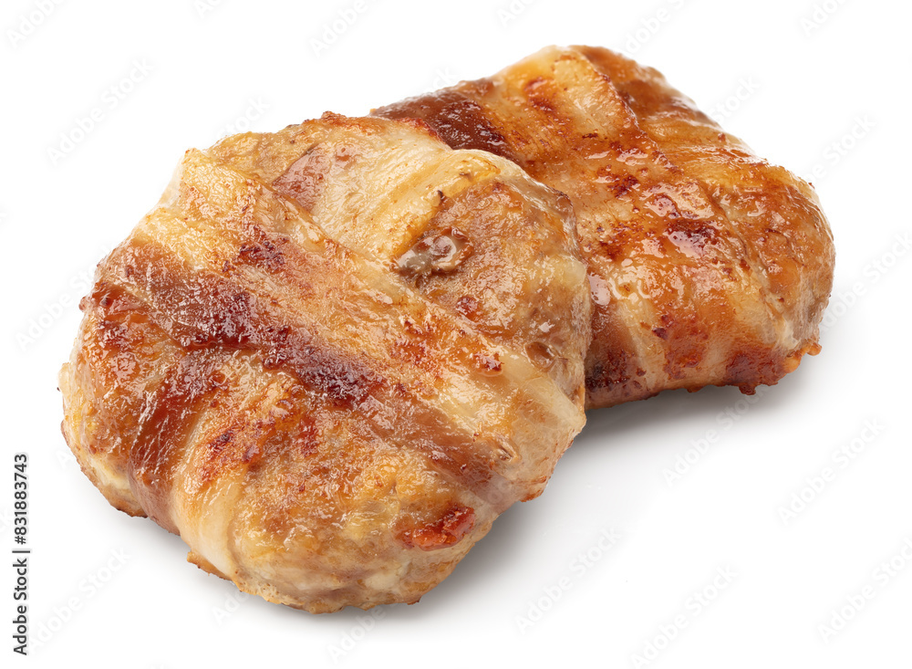 two grilled burger meat with bacon isolated on white background. clipping path two grilled burger meat with bacon isolated on white background. clipping path