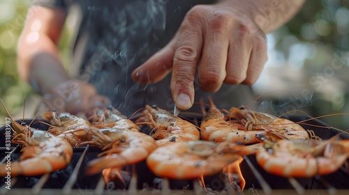 someone Grilled shrimp on stove. seafood of Thailand.
