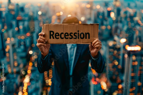 Businessperson holding a sign that reads "Recession" with a cityscape in the background