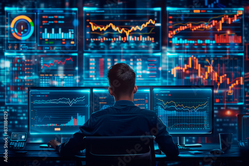 A businessman studies multiple screens displaying cryptocurrency market data and trends.