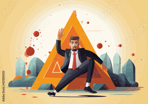 Frustrated Businessman Fallen Under Exclamation Sign - Risk Attention Alarm, Failure Problem Notice, Bankruptcy Error Warning Concept Vector