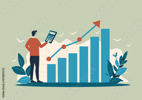 Businessman calculating tax, profit and investment growth with calculator, chart arrows - accounting, financial evaluation concept