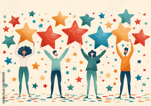 Diverse customers giving stellar 5-star reviews for exceptional service quality - vector scene of satisfied consumers providing top ratings
