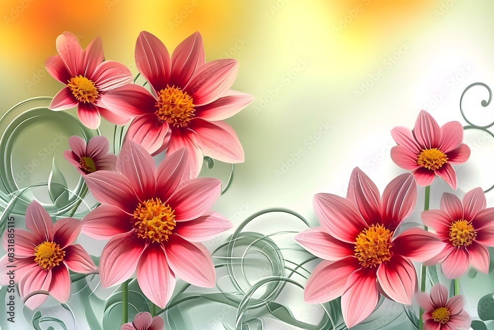 Fototapeta premium 3d wallpaper stretch ceiling decoration with orange and yellow flowers, pink peonies and white swirls. Background vector for wall mural.